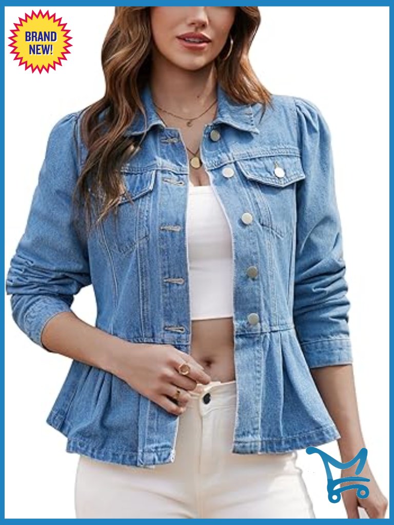 Women's Denim Jacket Puff Sleeve Button Down Ruffle Hem Coat